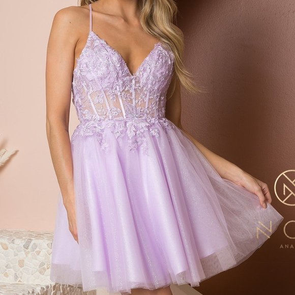 NEW LILAC OFF SHOULDER MINI V-NECKLINE CHIFFON DRESS EMBROIDERED BODICE nx739 - Picture 5 of 8